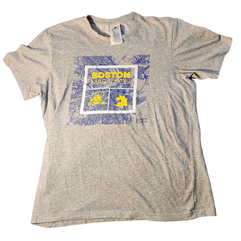 Adidas 2018 Boston Marathon Map Graphic Tee Grey Yellow Mens Medium Climalite
